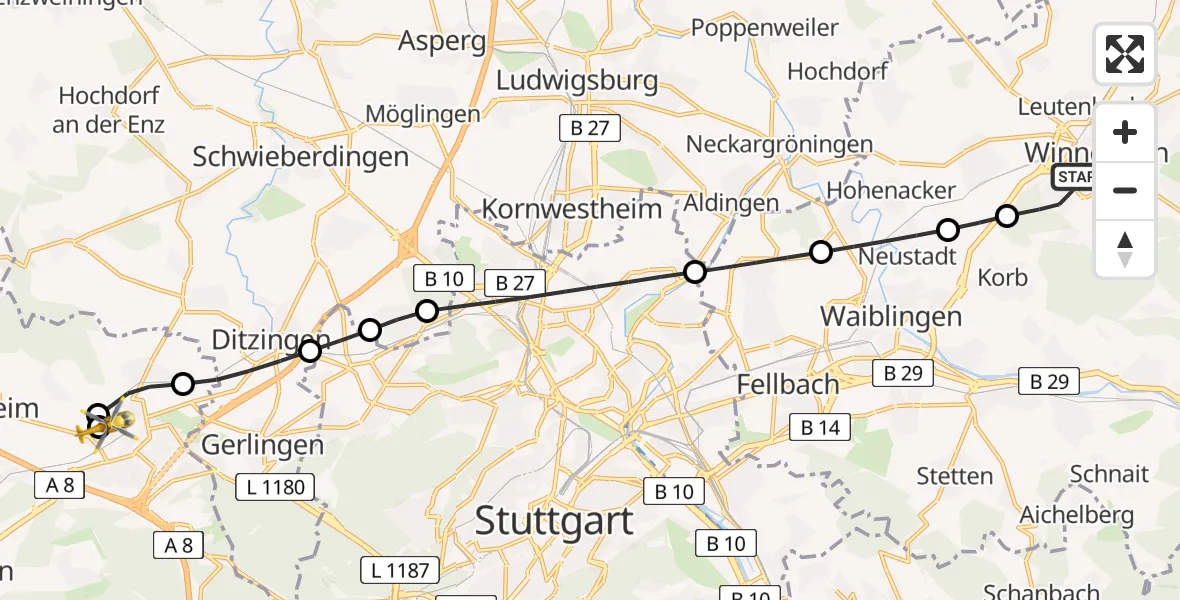 Flugroute Rettungshubschrauber Winnenden - Leonberg Hospital, 01 Mai 2026, 17:39