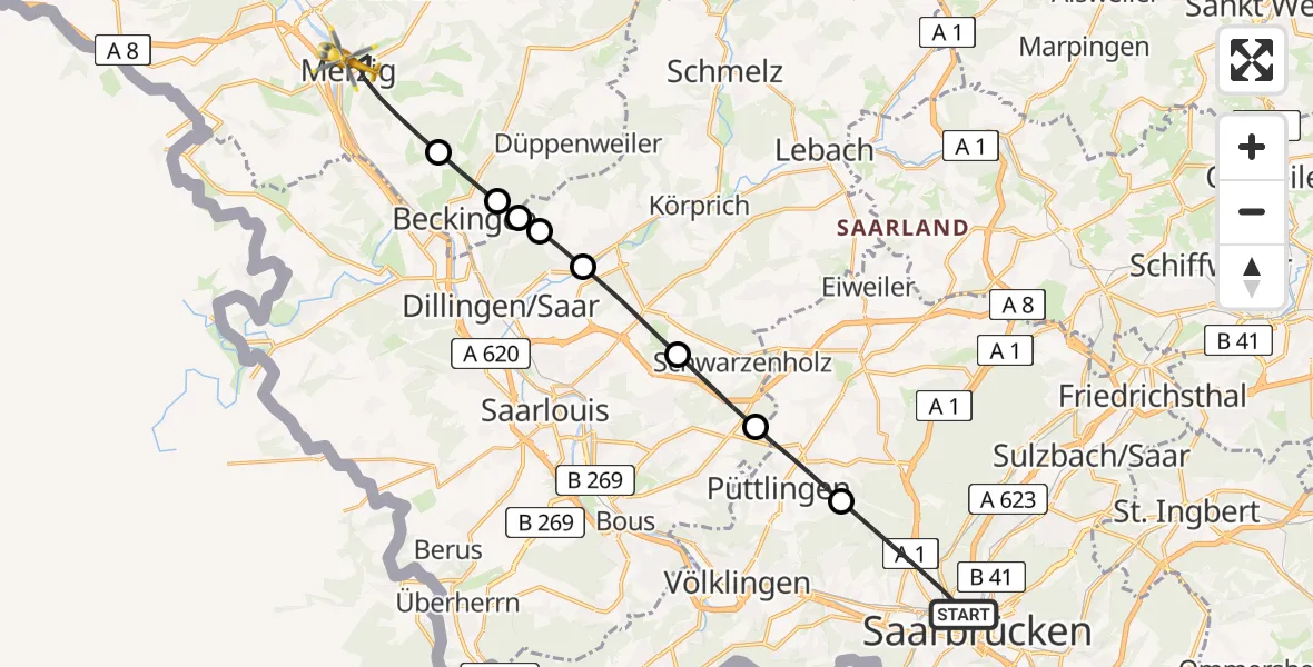 Flugroute Rettungshubschrauber Saarbrücken - Merzig, 01 Mai 2026, 17:40