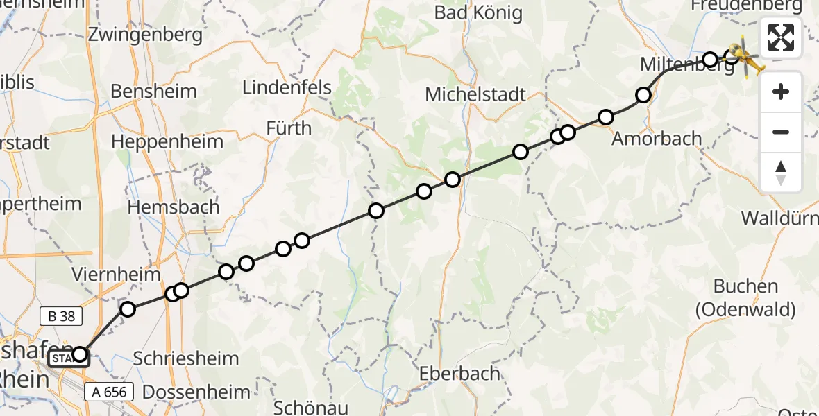 Flugroute Rettungshubschrauber Mannheim-City Flughafen - Eichenbühl, 01 Mai 2026, 17:42