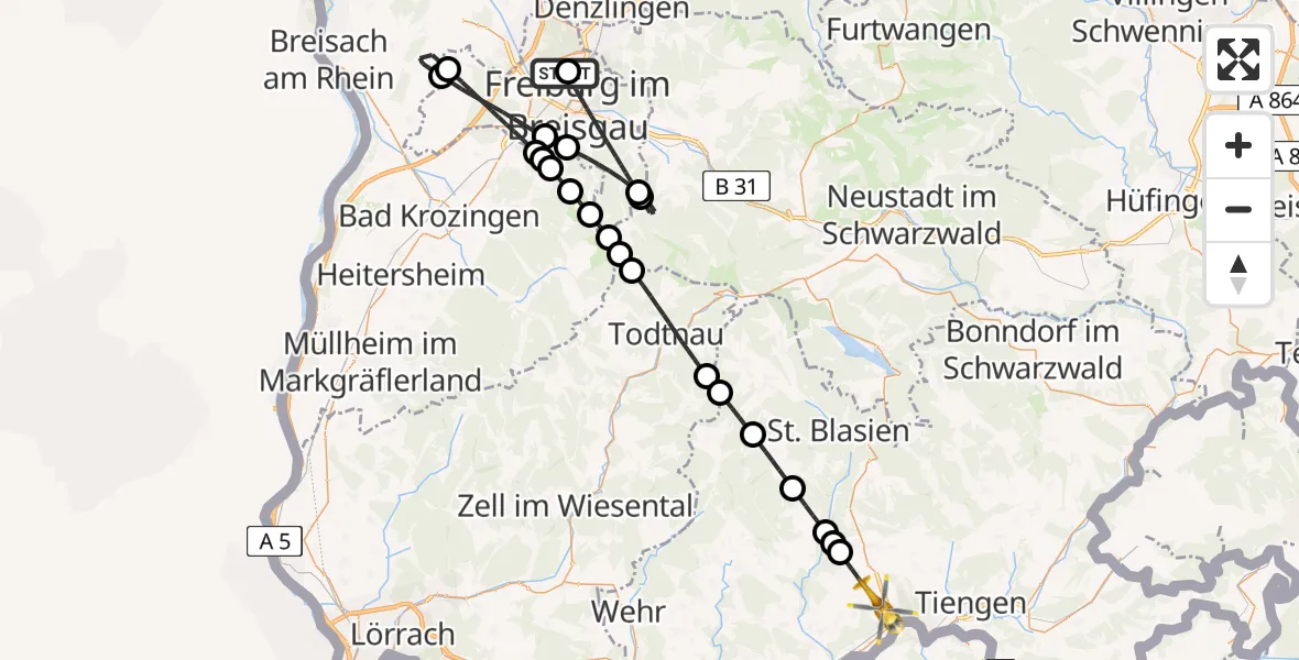 Flugroute Rettungshubschrauber Freiburg im Breisgau Flugplatz - Waldshut-Tiengen, 01 Mai 2026, 17:43
