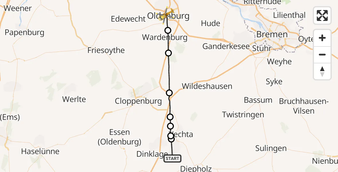 Flugroute Rettungshubschrauber Lohne (Oldenburg) - Oldenburg (Oldb), 01 Mai 2026, 17:48