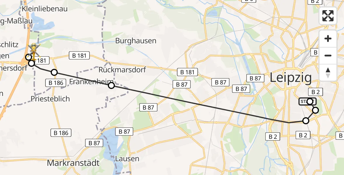 Flugroute Rettungshubschrauber Leipzig University Hospital Heliport 1 - ADAC Air Rescue Station Leipzig/Schkeuditz-Dölzig Hubschrauberlandeplatz (Christoph 61), 01 Mai 2026, 18:02