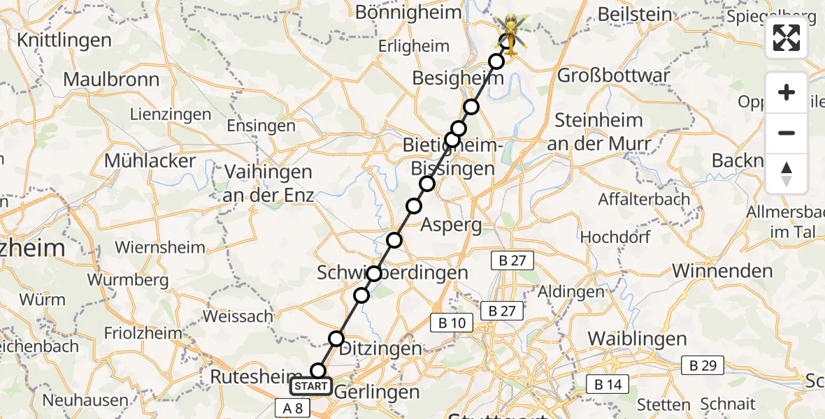 Flugroute Rettungshubschrauber Leonberg Hospital - Besigheim, 01 Mai 2026, 18:02