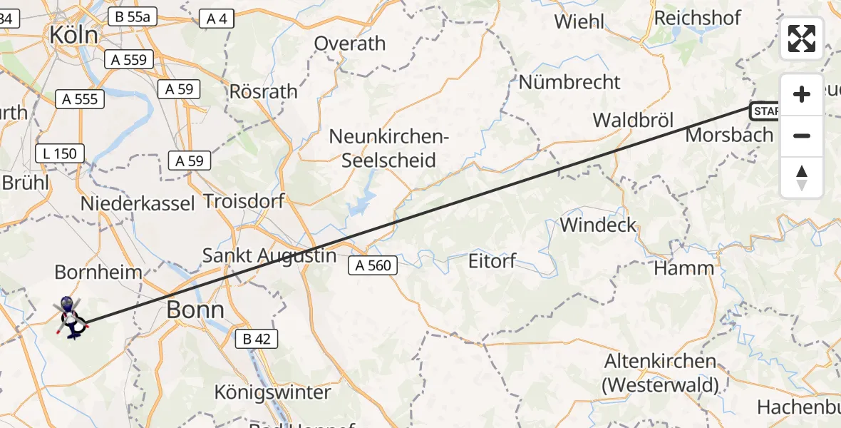 Flugroute Polizeihubschrauber Friesenhagen - Bornheim, 01 Mai 2026, 18:10