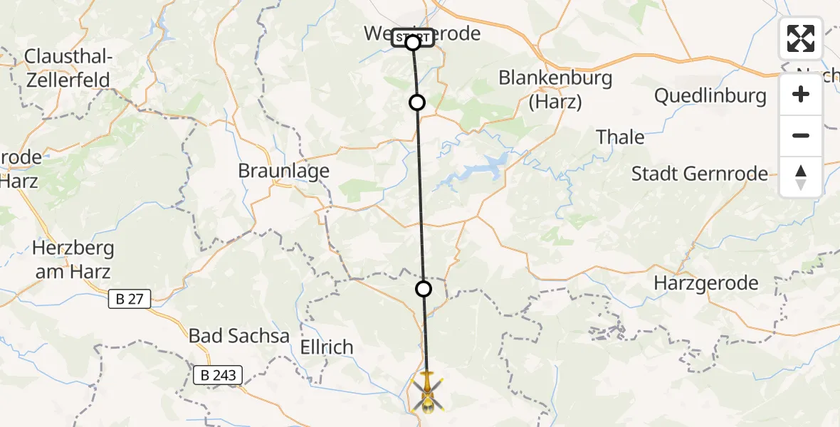 Flugroute Rettungshubschrauber Harz Hospital Wernigerode - Harztor, 01 Mai 2026, 18:14
