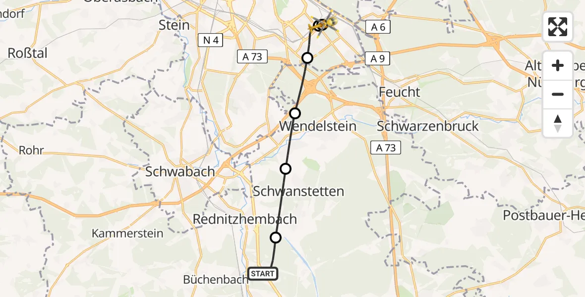 Flugroute Rettungshubschrauber Roth - Nürnberg South Hospital, 01 Mai 2026, 18:16
