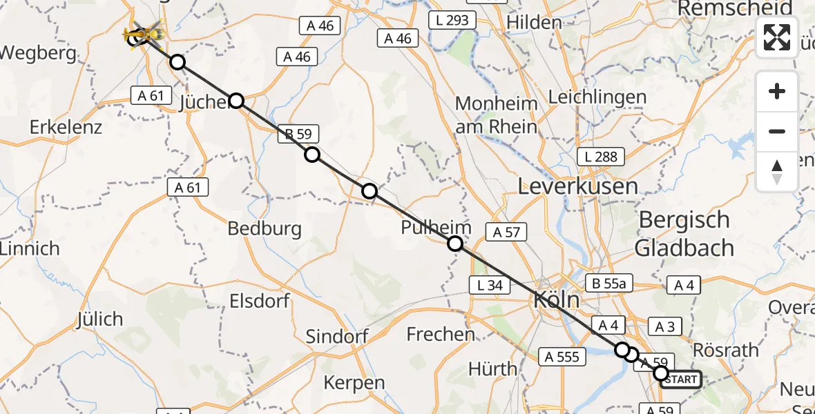 Flugroute Rettungshubschrauber Köln Bonn Flughafen - Elisabeth Hospital Rheydt, 01 Mai 2026, 18:17