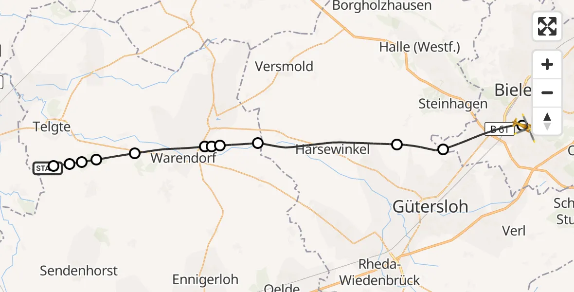 Flugroute Rettungshubschrauber Münster-Telgte Flugplatz - Luftrettungszentrum Bielefeld, 01 Mai 2026, 18:21