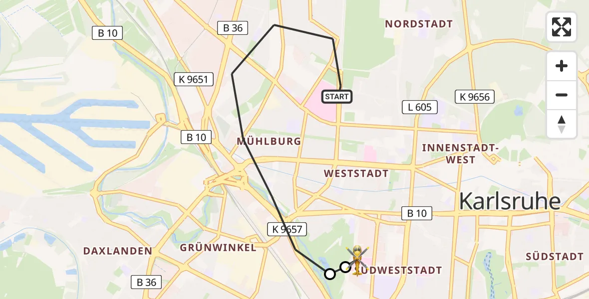 Flugroute Rettungshubschrauber Karlsruhe - Sankt Vincentius Hospital, 01 Mai 2026, 18:23