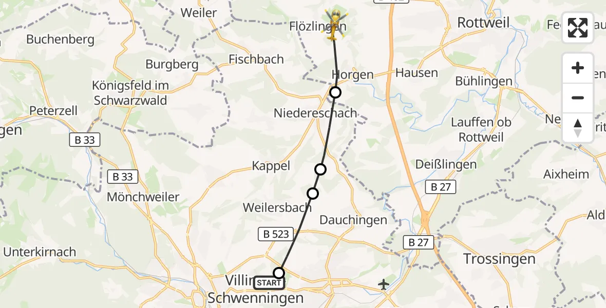 Flugroute Ambulanzhubschrauber DRF Air Rescue Station Villingen-Schwenningen Hubschrauberlandeplatz (Christoph 11) - Zimmern ob Rottweil, 01 Mai 2026, 18:23