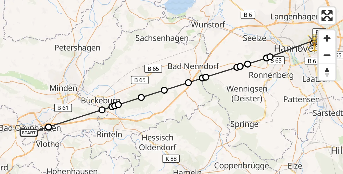 Flugroute Ambulanzhubschrauber Bad Oeynhausen - Hannover Luftrettung Hubschrauberlandeplatz (Christoph 4), 01 Mai 2026, 18:26