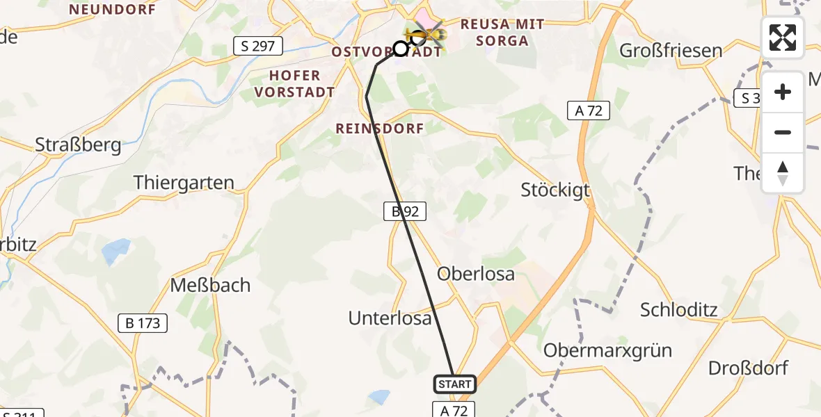Flugroute Rettungshubschrauber Plauen - Helios Clinic Plauen, 01 Mai 2026, 18:26