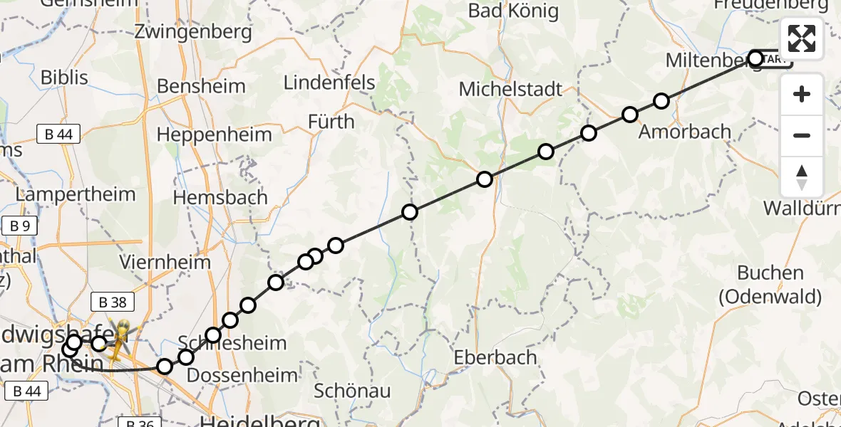 Flugroute Rettungshubschrauber Eichenbühl - Mannheim-City Flughafen, 01 Mai 2026, 18:28