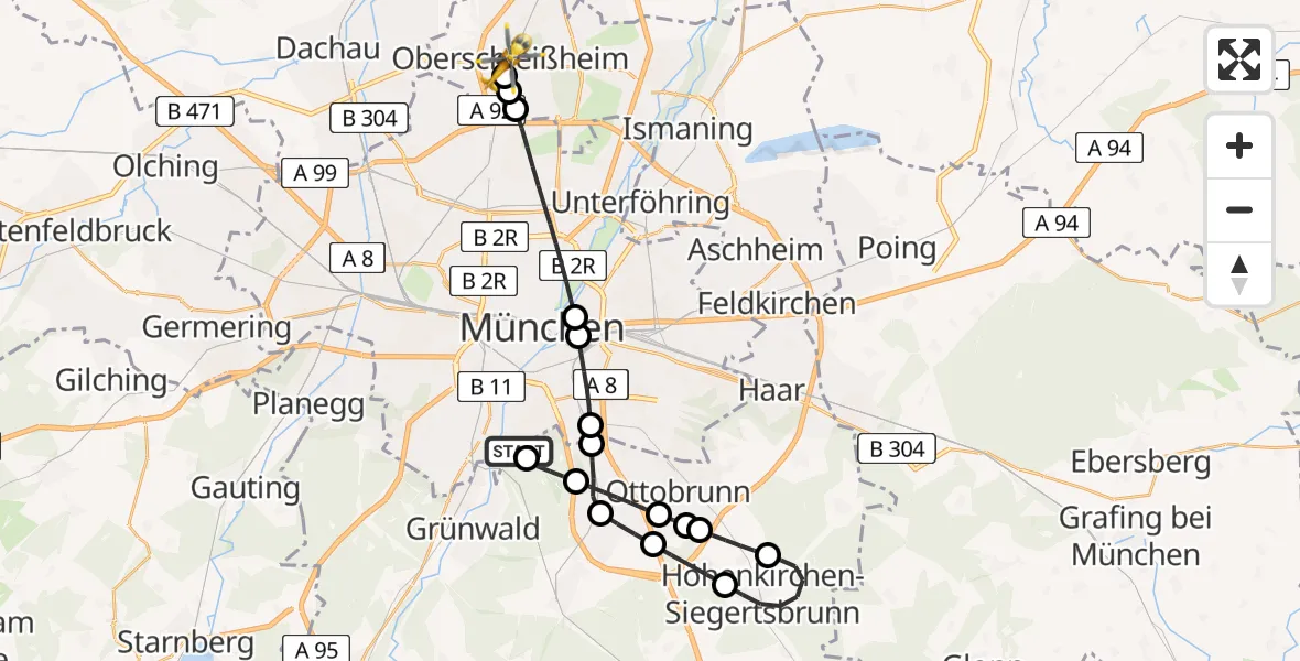 Flugroute Rettungshubschrauber ADAC Air Rescue Center Hubschrauberlandeplatz (Christoph 1) - Oberschleißheim, 01 Mai 2026, 18:29