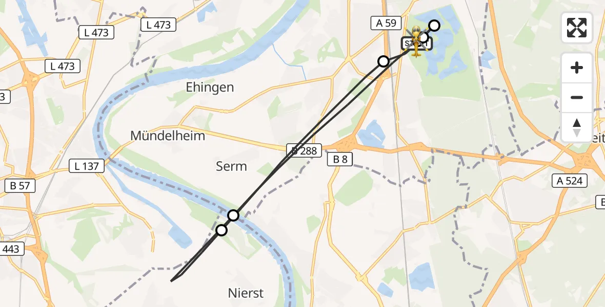 Flugroute Rettungshubschrauber Duisburg Air Rescue Hubschrauberlandeplatz (Christoph 9) - Duisburg Air Rescue Hubschrauberlandeplatz (Christoph 9), 01 Mai 2026, 18:33