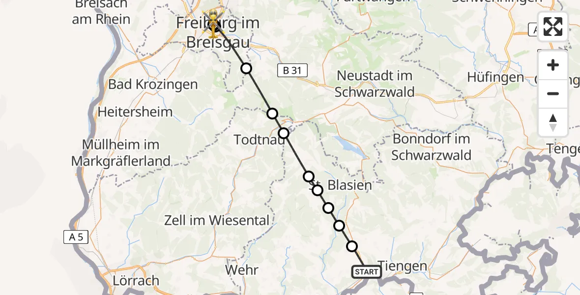 Flugroute Rettungshubschrauber Waldshut-Tiengen - Freiburg University Hospital Heliport 1, 01 Mai 2026, 18:34
