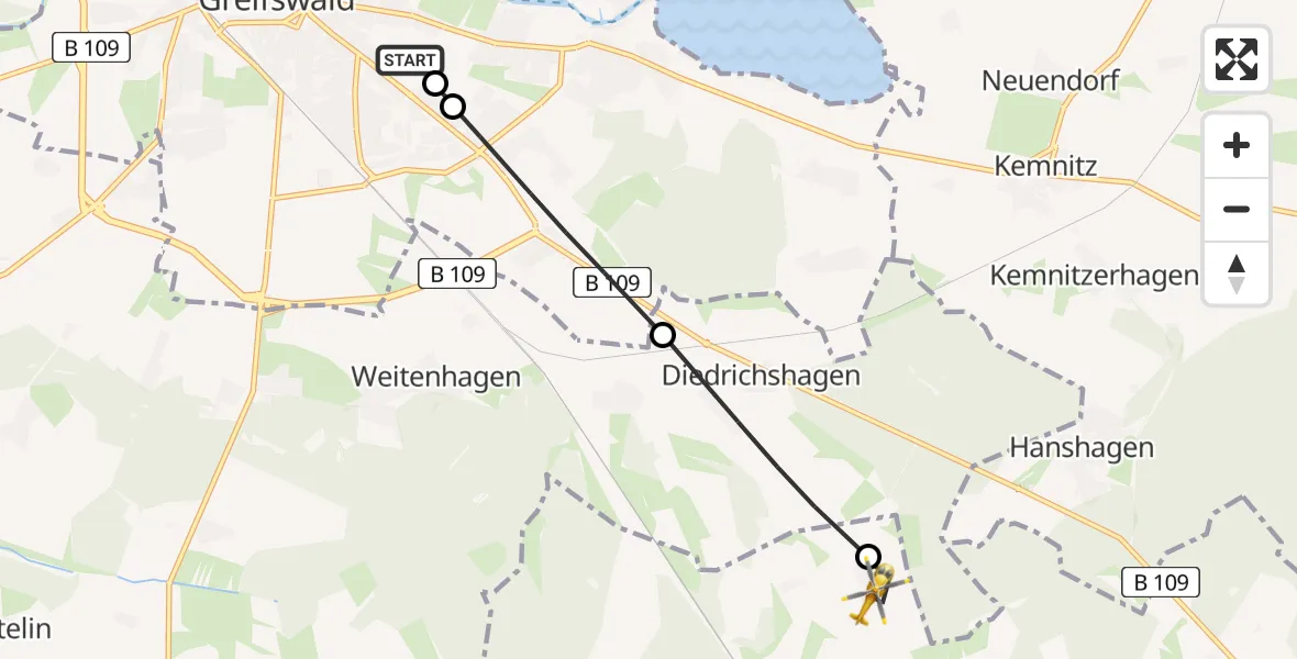 Flugroute Rettungshubschrauber Greifswald Hospital - Groß Kiesow, 01 Mai 2026, 18:35