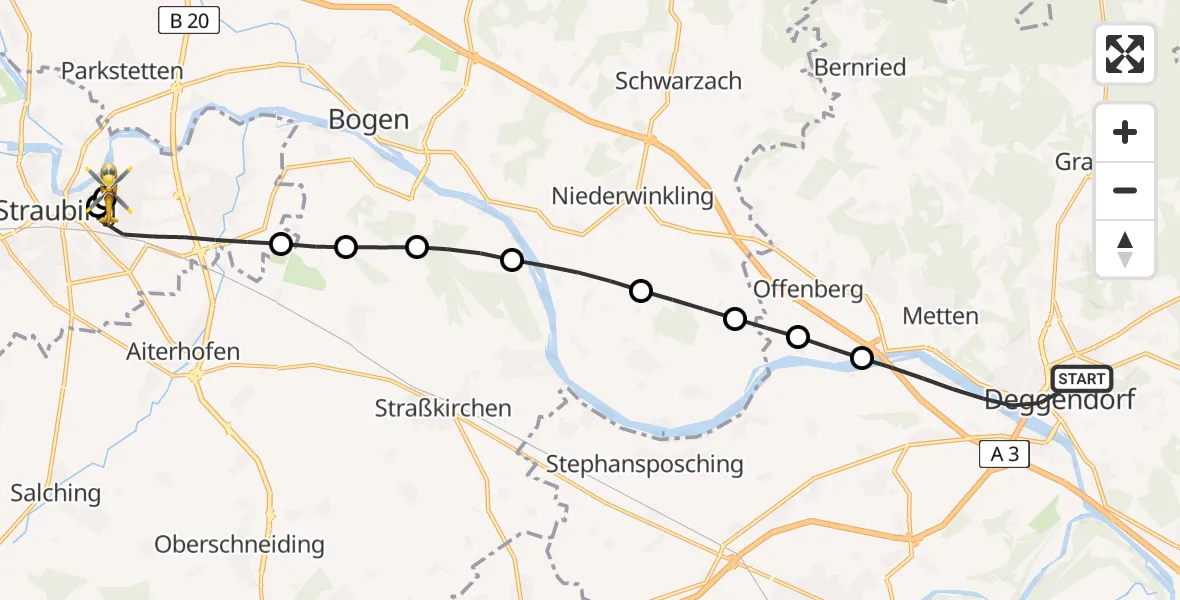 Flugroute Rettungshubschrauber Deggendorf - Sankt Elisabeth Hospital Straubing, 01 Mai 2026, 18:43