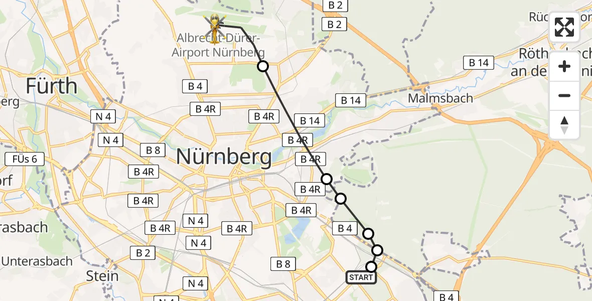 Flugroute Rettungshubschrauber Nürnberg South Hospital - Flughafen Nuremberg, 01 Mai 2026, 18:52
