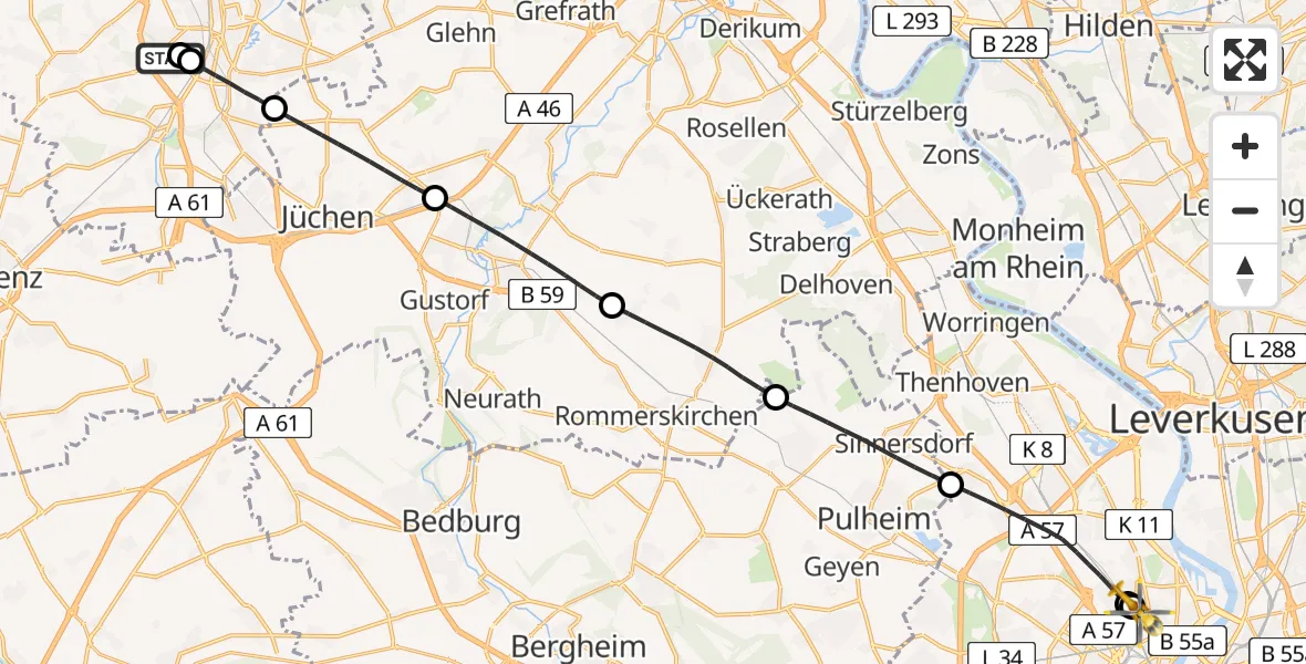 Flugroute Rettungshubschrauber Elisabeth Hospital Rheydt - Sankt Vinzenz Hospital, 01 Mai 2026, 18:55