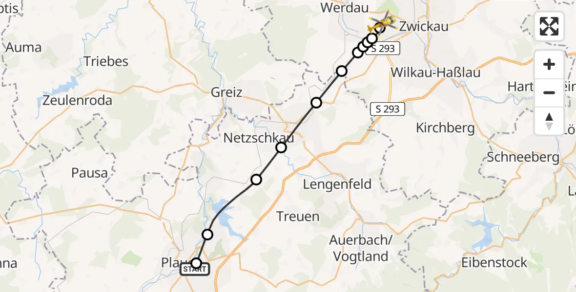 Flugroute Rettungshubschrauber Helios Clinic Plauen - ADAC Air Rescue Station Zwickau Hubschrauberlandeplatz, 01 Mai 2026, 18:56