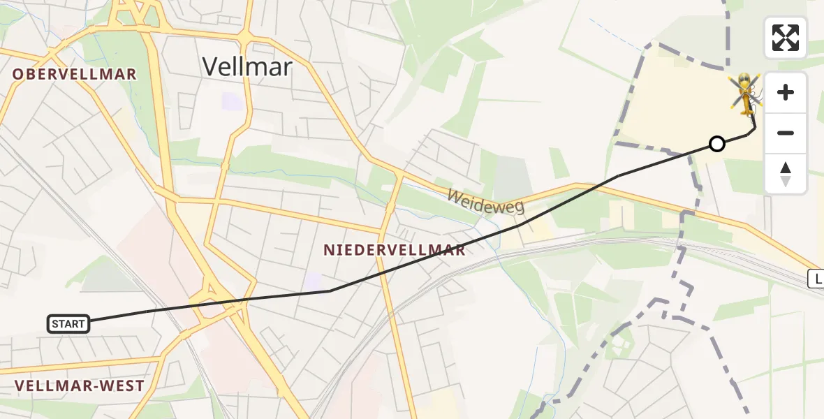 Flugroute Rettungshubschrauber Vellmar - Fuldatal Bundespolizei Hubschrauberlandeplatz, 01 Mai 2026, 19:00