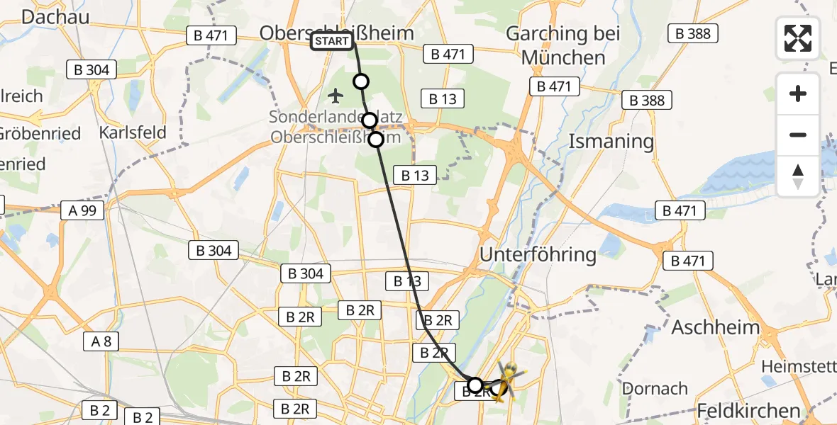 Flugroute Rettungshubschrauber Oberschleißheim - München Bogenhausen Hospital, 01 Mai 2026, 19:03