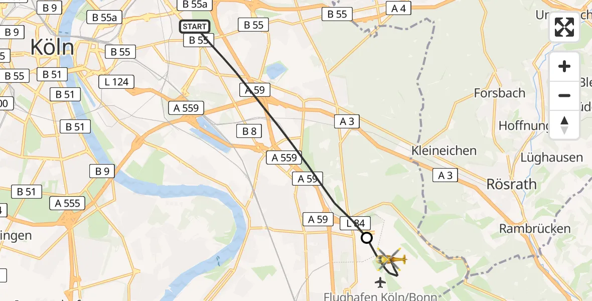 Flugroute Ambulanzhubschrauber Köln - Köln Bonn Flughafen, 01 Mai 2026, 19:03