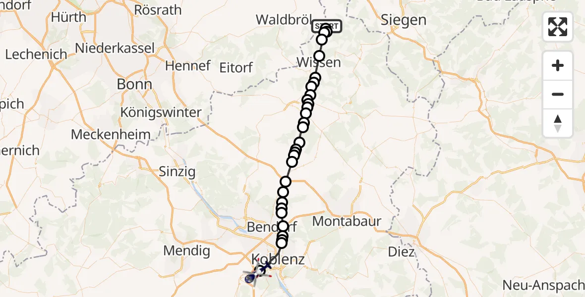 Flugroute Polizeihubschrauber Friesenhagen - Koblenz-Winningen Flugplatz, 01 Mai 2026, 19:03