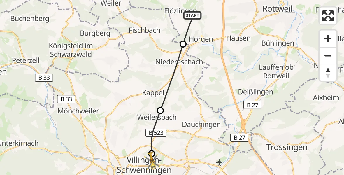 Flugroute Ambulanzhubschrauber Zimmern ob Rottweil - DRF Air Rescue Station Villingen-Schwenningen Hubschrauberlandeplatz (Christoph 11), 01 Mai 2026, 19:07