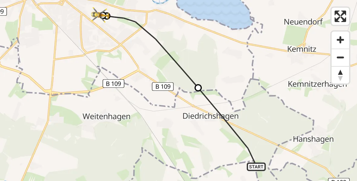 Flugroute Rettungshubschrauber Weitenhagen - Greifswald Hospital, 01 Mai 2026, 19:11