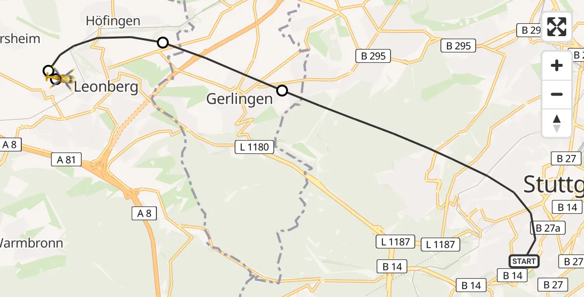 Flugroute Rettungshubschrauber Stuttgart - Leonberg Hospital, 01 Mai 2026, 19:21