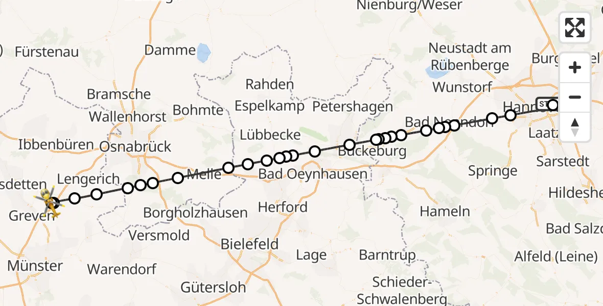 Flugroute Ambulanzhubschrauber Hannover Luftrettung Hubschrauberlandeplatz (Christoph 4) - Christoph  Westfalen-ADAC, 01 Mai 2026, 19:32