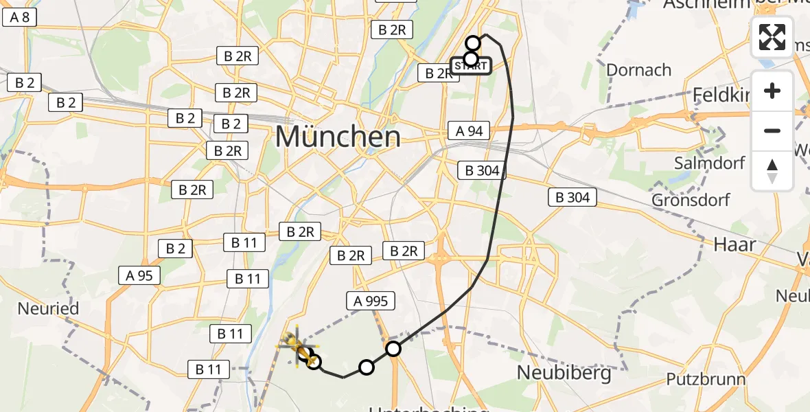 Flugroute Rettungshubschrauber München Bogenhausen Hospital - ADAC Air Rescue Center Hubschrauberlandeplatz (Christoph 1), 01 Mai 2026, 19:32