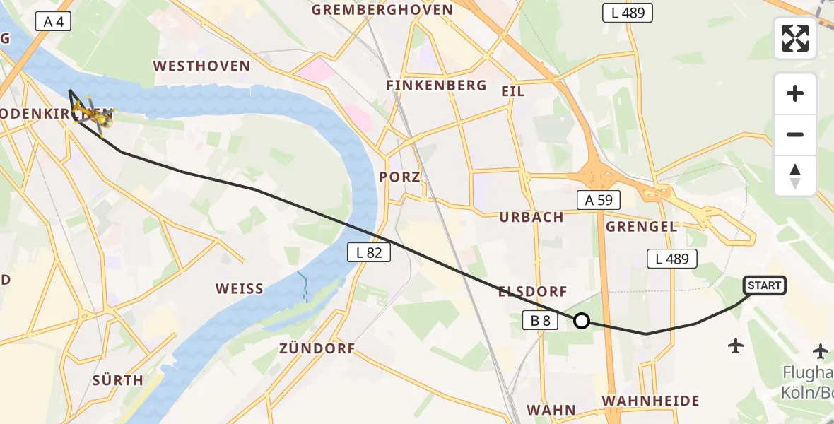 Flugroute Ambulanzhubschrauber Köln Bonn Flughafen - Köln, 01 Mai 2026, 19:34