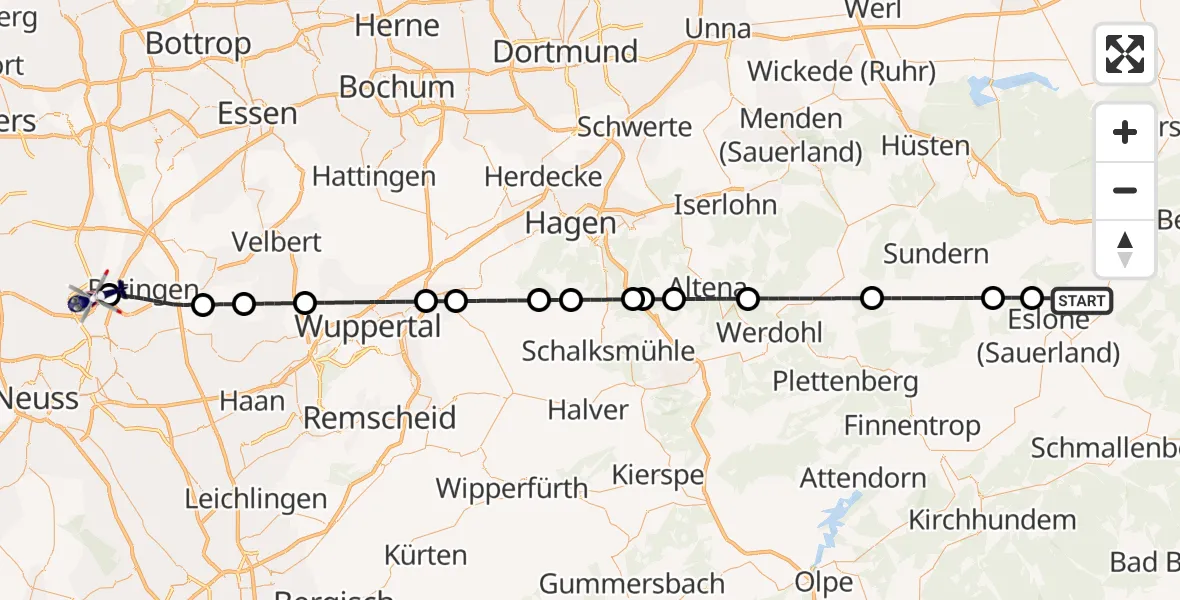 Flugroute Polizeihubschrauber Eslohe (Sauerland) - Düsseldorf Flughafen, 01 Mai 2026, 19:36