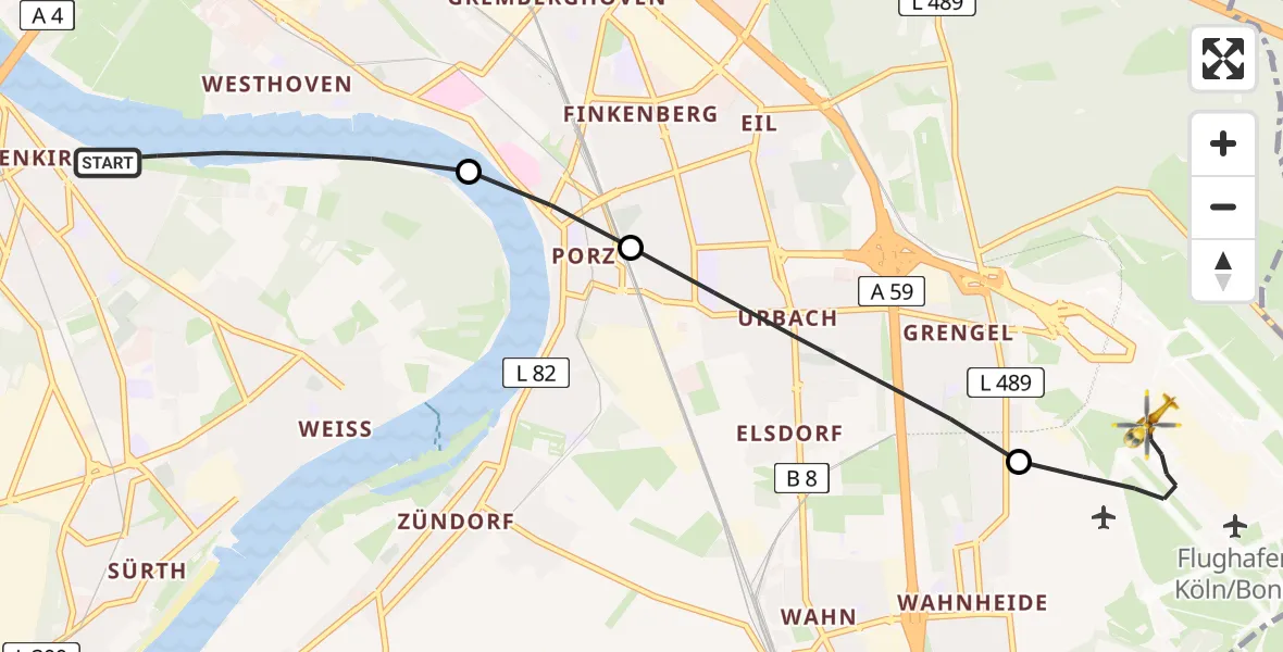 Flugroute Ambulanzhubschrauber Köln - Köln Bonn Flughafen, 01 Mai 2026, 19:48