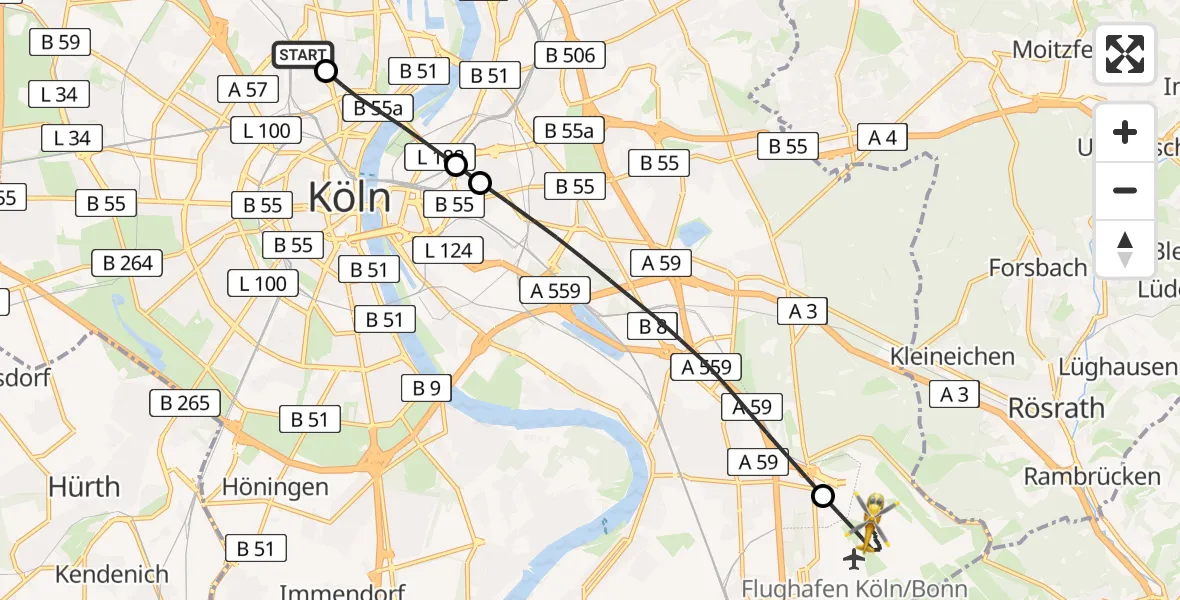 Flugroute Rettungshubschrauber Sankt Vinzenz Hospital - Köln Bonn Flughafen, 01 Mai 2026, 20:09