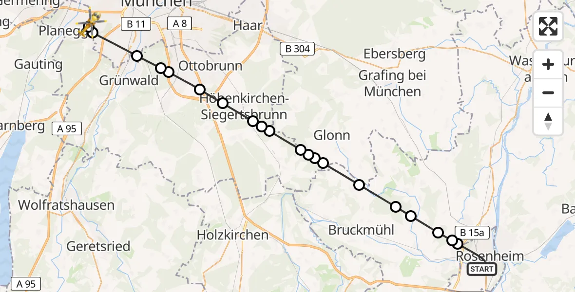 Flugroute Rettungshubschrauber Rosenheim - DRF Air Rescue München Hubschrauberlandeplatz, 01 Mai 2026, 20:11