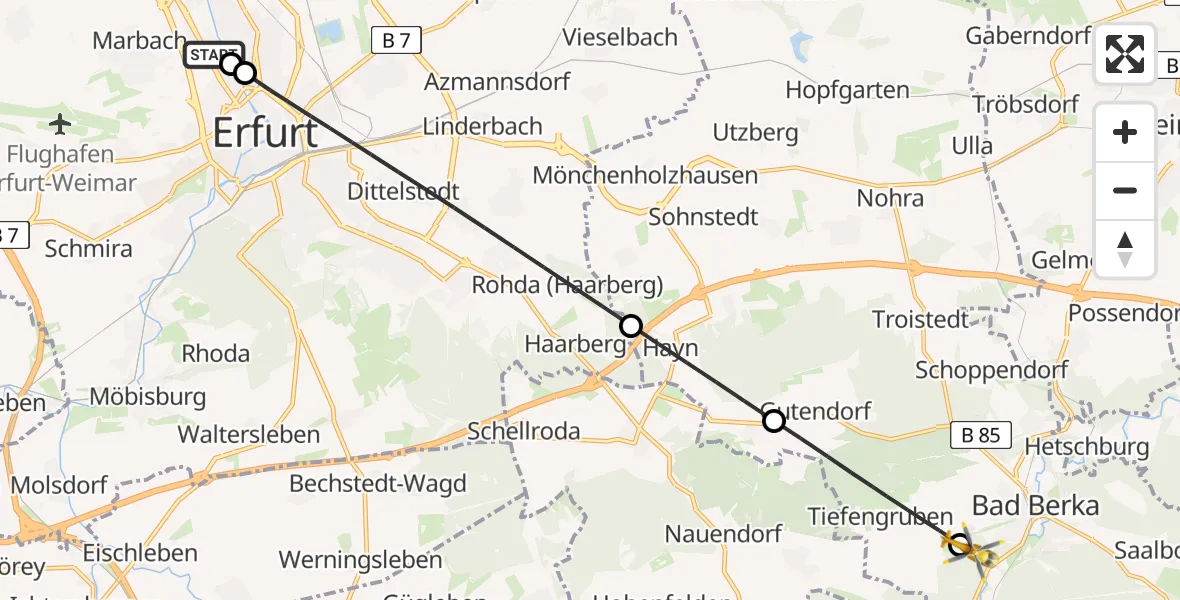 Flugroute Ambulanzhubschrauber Helios Clinic Erfurt - DRF Rettungsstation Bad Berka Hubschrauberlandeplatz, 01 Mai 2026, 20:43