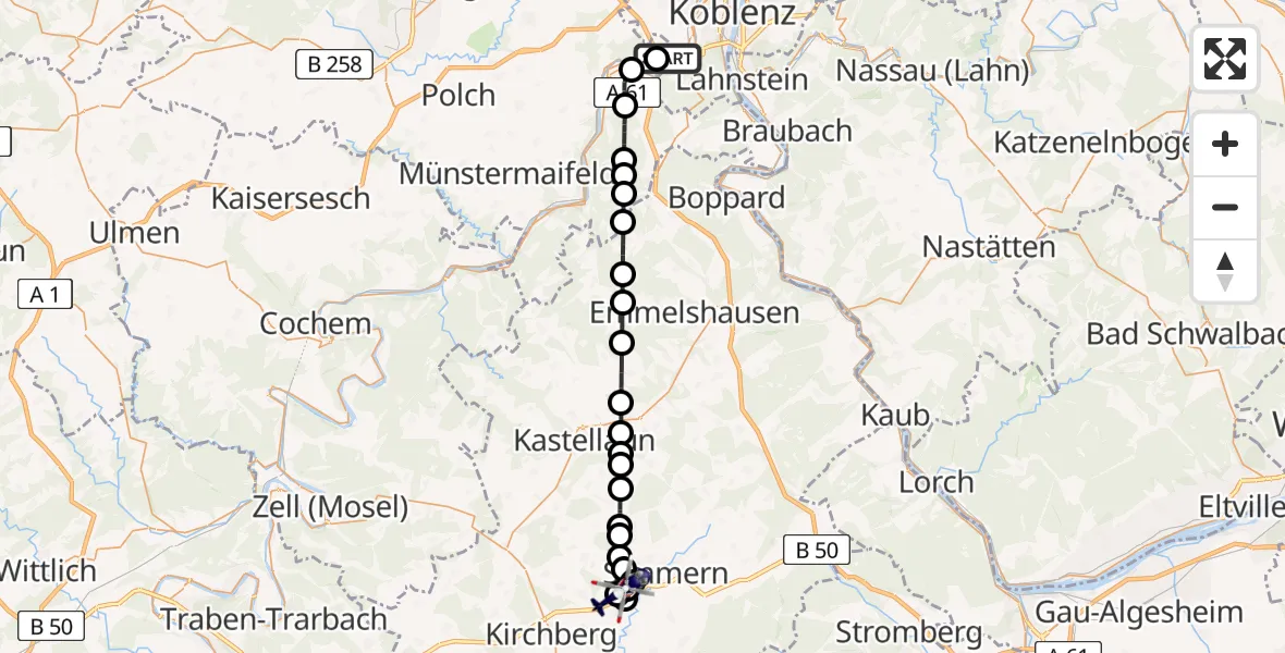 Flugroute Polizeihubschrauber Koblenz-Winningen Flugplatz - Nannhausen Flugplatz, 01 Mai 2026, 21:39