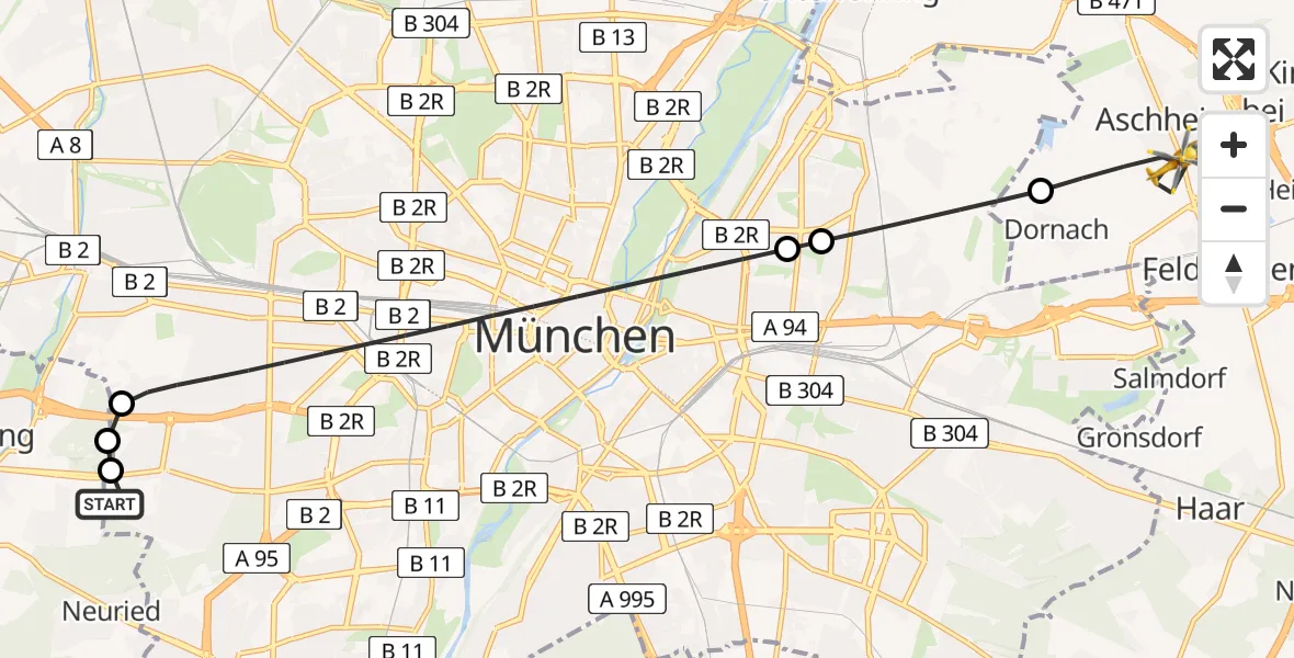 Flugroute Rettungshubschrauber DRF Air Rescue München Hubschrauberlandeplatz - Aschheim, 01 Mai 2026, 21:47