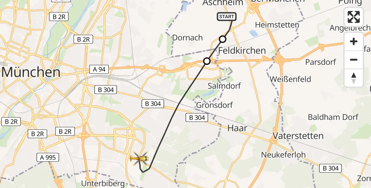 Flugroute Rettungshubschrauber Aschheim - München, 01 Mai 2026, 22:07