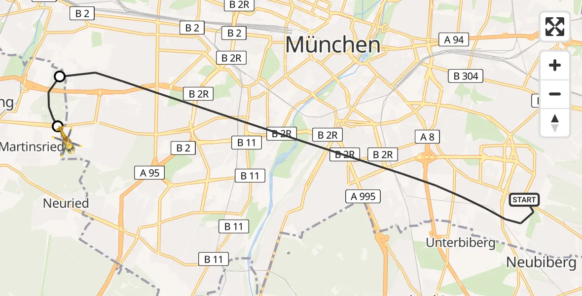Flugroute Rettungshubschrauber München - DRF Air Rescue München Hubschrauberlandeplatz, 01 Mai 2026, 22:50