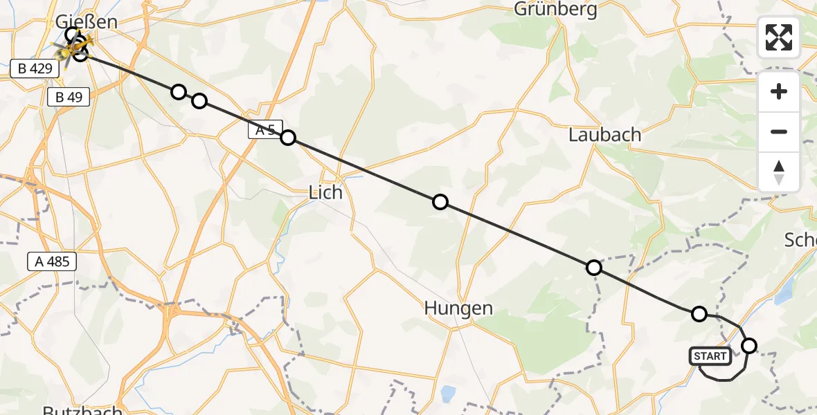 Flugroute Rettungshubschrauber Nidda - Gießen University Hospital, 01 Mai 2026, 23:34