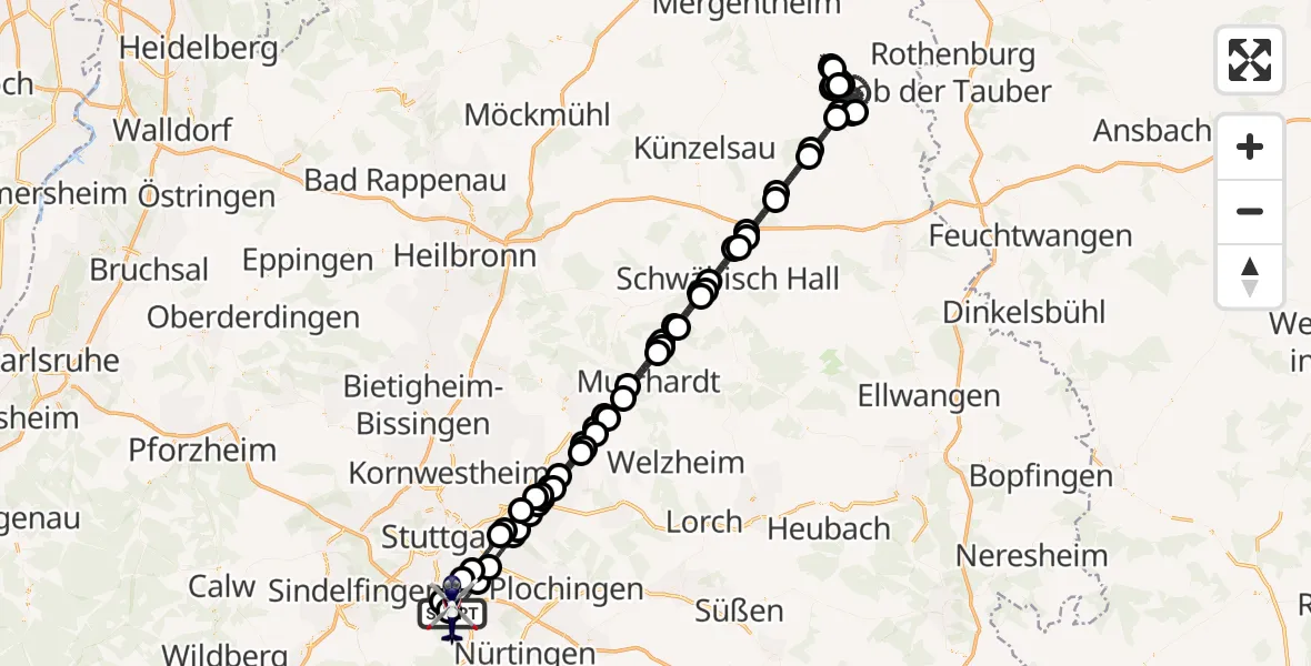 Flugroute Polizeihubschrauber Flughafen Stuttgart - Flughafen Stuttgart, 01 Mai 2026, 23:50
