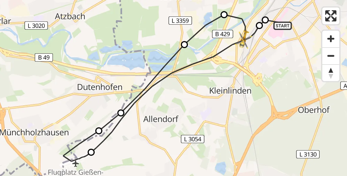 Flugroute Rettungshubschrauber Gießen University Hospital - Gießen, 02 Mai 2026, 00:17