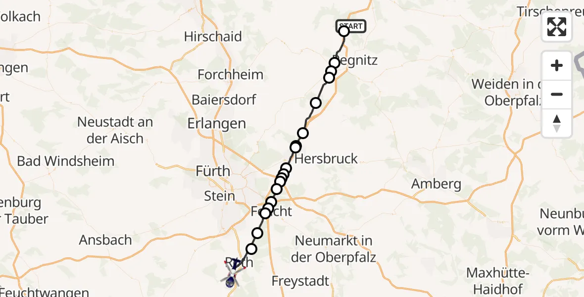 Flugroute Polizeihubschrauber Creußen - Roth, 02 Mai 2026, 00:50