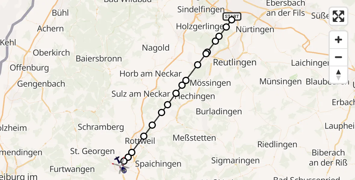 Flugroute Polizeihubschrauber Flughafen Stuttgart - DRF Air Rescue Station Villingen-Schwenningen Hubschrauberlandeplatz (Christoph 11), 02 Mai 2026, 02:12