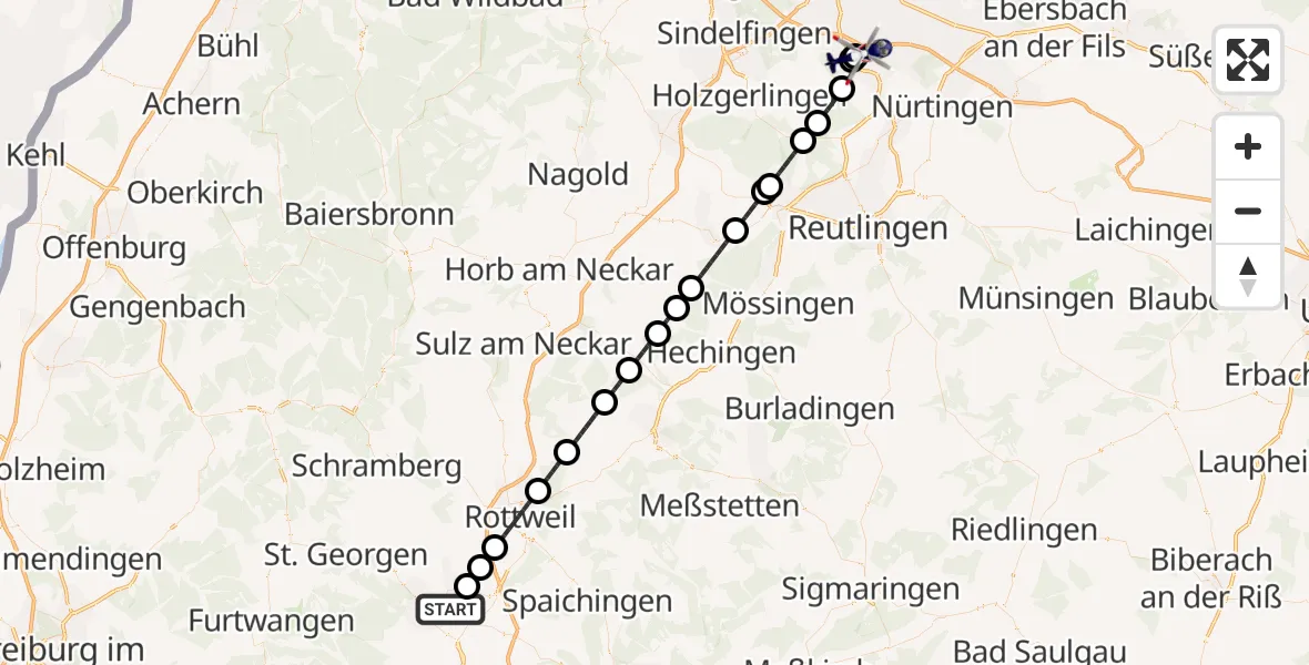 Flugroute Polizeihubschrauber Villingen-Schwenningen - Flughafen Stuttgart, 02 Mai 2026, 02:52